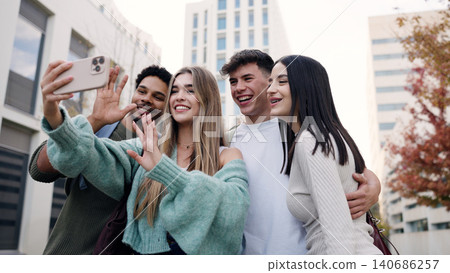 Students friends sharing selfie on university campus Students friends sharing selfie on university campus 140686257