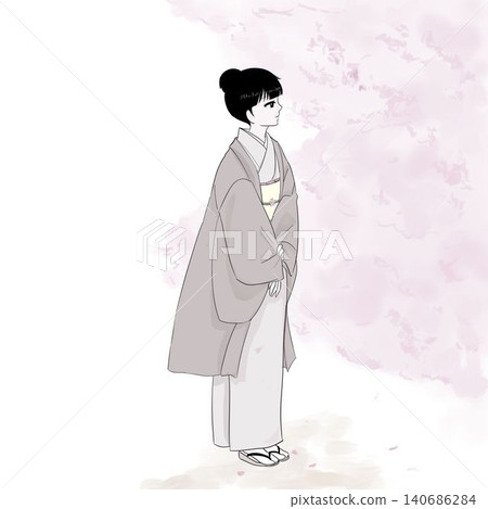 身穿和服的女子凝視著櫻花,側臉,春日景象。 身穿和服的女子凝視著櫻花,側臉,春日景象。 140686284