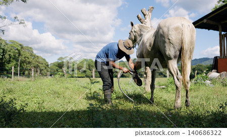 Latino stableman grooming horse hoofs with water hose Latino stableman grooming horse hoofs with water hose 140686322
