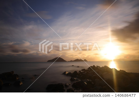 sunset on the beach. Seaside town of Turgutreis and spectacular sunsets. Long Exposure. 140686477