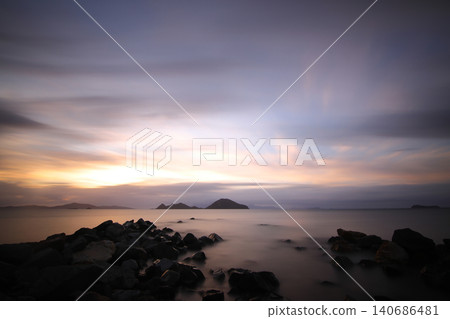 sunset on the beach. Seaside town of Turgutreis and spectacular sunsets. Long Exposure. sunset on the beach. Seaside town of Turgutreis and spectacular sunsets. Long Exposure. 140686481