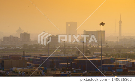 Jeddah, Saudi Arabia - Mar 08 2023, panoramic aerial view, landscape of port of Jeddah at early morning Jeddah, Saudi Arabia - Mar 08 2023, panoramic aerial view, landscape of port of Jeddah at early morning 140686563