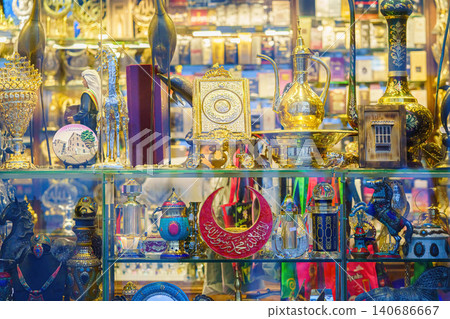 Jeddah, Saudi Arabia - Mar 08 2023, close up view of the kiosk, souvenir shop with lots of gold jewelry, in old town of Jeddah, Saudi Arabia Jeddah, Saudi Arabia - Mar 08 2023, close up view of the kiosk, souvenir shop with lots of gold jewelry, in old town of Jeddah, Saudi Arabia 140686667