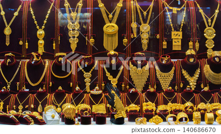 Showcase of jewelry souvenir shop with gold jewelry, Jeddah, Saudi Arabia Showcase of jewelry souvenir shop with gold jewelry, Jeddah, Saudi Arabia 140686670