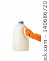 person wearing orange protective glove holding a large white plastic bottle with detergent on white background 140686720