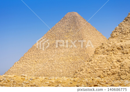 Giza, Egypt, Panoramic view of two of great Pyramids, Cheops and Khafren, at daytime Giza, Egypt, Panoramic view of two of great Pyramids, Cheops and Khafren, at daytime 140686775