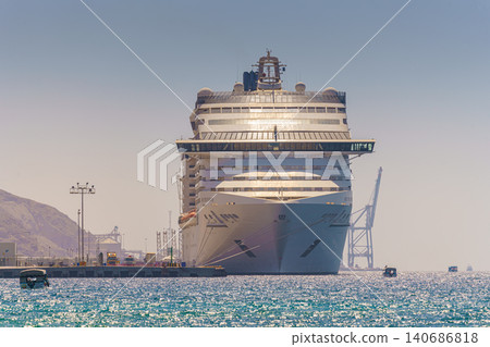 Aqaba, Jordan - Mar 13 2023, a panoramic view of MSC Splendida cruise ship in the marina, at daytime, Aqaba, Jordan Aqaba, Jordan - Mar 13 2023, a panoramic view of MSC Splendida cruise ship in the marina, at daytime, Aqaba, Jordan 140686818