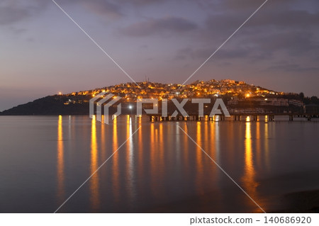 Night view to the bay and the cityscape of Turgutreis, Bodrum, Turkey 140686920