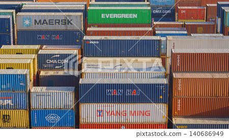 Ain Sokhna, Egypt - Mar 18 2023, aerial view, Close-up of many colorful containers, Ain Sokhna, Egypt Ain Sokhna, Egypt - Mar 18 2023, aerial view, Close-up of many colorful containers, Ain Sokhna, Egypt 140686949