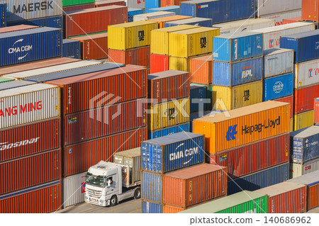 Ain Sokhna, Egypt - Mar 18 2023, aerial view, Close-up of many colorful containers, Ain Sokhna, Egypt Ain Sokhna, Egypt - Mar 18 2023, aerial view, Close-up of many colorful containers, Ain Sokhna, Egypt 140686962