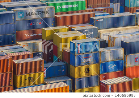 Ain Sokhna, Egypt - Mar 18 2023, aerial view, Close-up of many colorful containers, Ain Sokhna, Egypt Ain Sokhna, Egypt - Mar 18 2023, aerial view, Close-up of many colorful containers, Ain Sokhna, Egypt 140686993