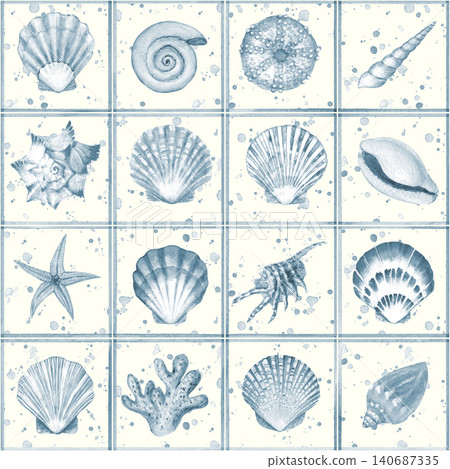 Watercolor sea shell traditional delft tiles seamless pattern 140687335