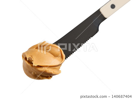 Knife with Peanut Butter Isolated on White Background, Top View Knife with Peanut Butter Isolated on White Background, Top View 140687404