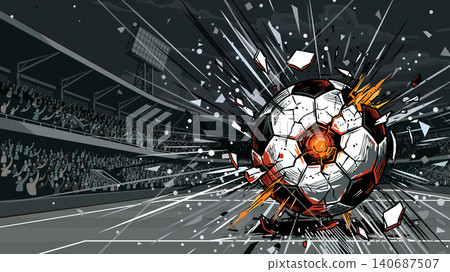 Soccer ball exploded and burst into flames at the middle of soccer stadium background Soccer ball exploded and burst into flames at the middle of soccer stadium background 140687507