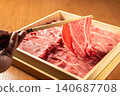 Wagyu beef with marbled fat, lifted with chopsticks 140687708