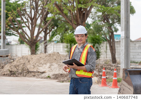 Construction supervisor wearing safety helmet reflective vest holding clipboard at worksite overseeing operations safety compliance project management Construction supervisor wearing safety helmet reflective vest holding clipboard at worksite overseeing operations safety compliance project management 140687748