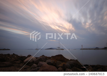 sunset on the beach. Seaside town of Turgutreis and spectacular sunsets. Selective Focus. Long Exposure shoot. tranquility scene. sunset on the beach. Seaside town of Turgutreis and spectacular sunsets. Selective Focus. Long Exposure shoot. tranquility scene. 140687813