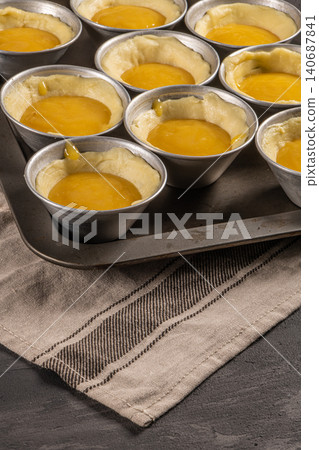 Traditional portuguese dessert pastel de nata before going to the oven. Dough of custard egg tarts 140687841