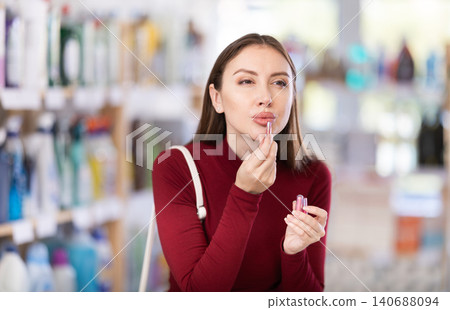 Woman using lipstick sample in store Woman using lipstick sample in store 140688094