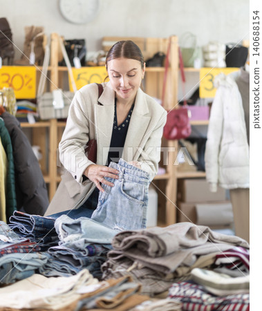 Happy female client carefully choosing stylish jeans trousers in clothing store. Shopping and seasonal Black Friday sales concept Happy female client carefully choosing stylish jeans trousers in clothing store. Shopping and seasonal Black Friday sales concept 140688154