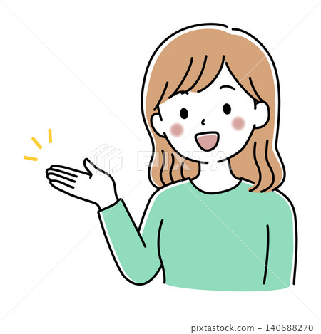 向量圖，描繪了一位舉起一隻手給人指路的女性上半身。 140688270
