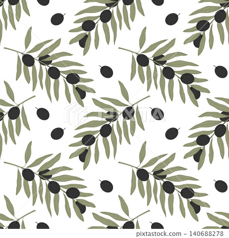 Seamless botanical pattern featuring repeating olive branches with elongated muted green leaves and oval dark fruit on clean white background. Minimalist Flat design in trendy muted shades Olive twigs Seamless botanical pattern featuring repeating olive branches with elongated muted green leaves and oval dark fruit on clean white background. Minimalist Flat design in trendy muted shades Olive twigs 140688278