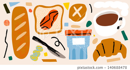 Childlike Pure Artistic Paper Collage Bakery Set Baguette Dinner Roll Bread Jam Illustration Childlike Pure Artistic Paper Collage Bakery Set Baguette Dinner Roll Bread Jam Illustration 140688478