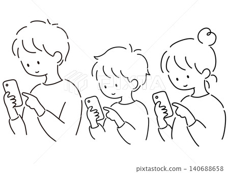 A line drawing illustration of a man, a woman, and a boy looking at their smartphones. A line drawing illustration of a man, a woman, and a boy looking at their smartphones. 140688658