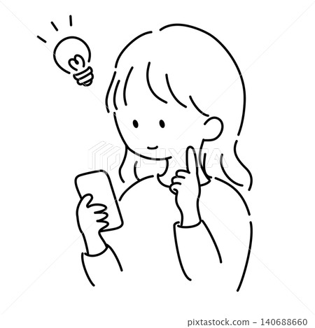 一幅線條畫插圖,描繪了一位女性看著智慧型手機時的情景。 一幅線條畫插圖,描繪了一位女性看著智慧型手機時的情景。 140688660