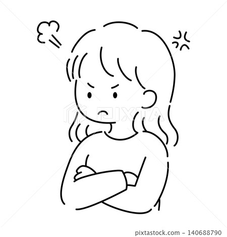 線條藝術插圖,描繪了一位雙臂交叉的憤怒女性。 線條藝術插圖,描繪了一位雙臂交叉的憤怒女性。 140688790
