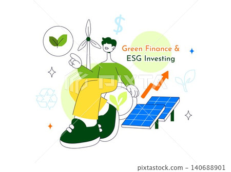 Green Finance and ESG Investing Vector Illustration Featuring Sustainable Investment Strategy, Renewable Energy, Responsible Finance, and ESG Growth 140688901