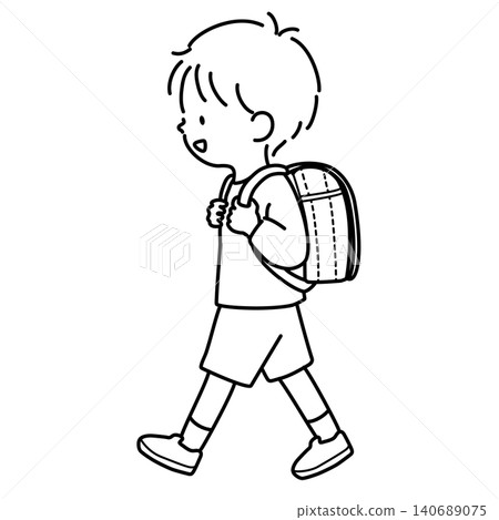 A line drawing illustration of an elementary school boy wearing a school backpack. A line drawing illustration of an elementary school boy wearing a school backpack. 140689075