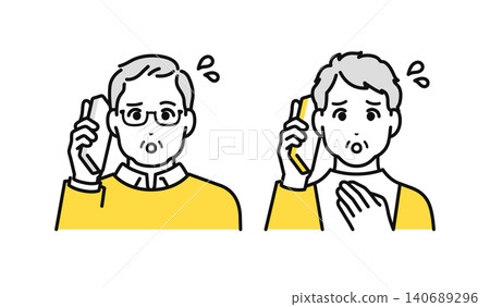 An elderly couple talking on their cell phone with troubled expressions. An elderly couple talking on their cell phone with troubled expressions. 140689296