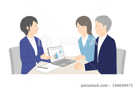 Vector illustration of a business person and a married couple serving customers at a counter. Vector illustration of a business person and a married couple serving customers at a counter. 140689473