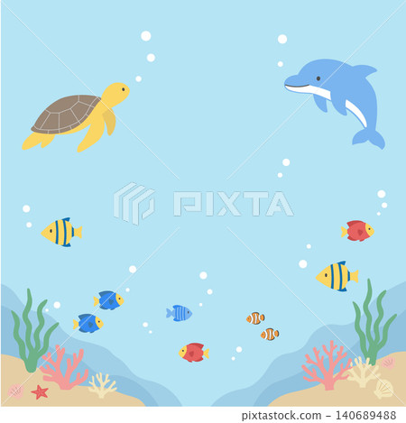 Summer banner illustration, ocean illustration, banner, summer background illustration, summer creature illustration, dolphin and sea turtle back Summer banner illustration, ocean illustration, banner, summer background illustration, summer creature illustration, dolphin and sea turtle back 140689488