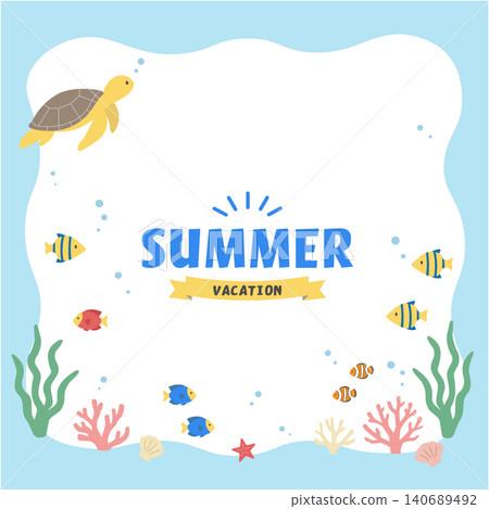 Summer banner illustration, ocean illustration, banner, summer background illustration, summer creature illustration, dolphin and sea turtle back Summer banner illustration, ocean illustration, banner, summer background illustration, summer creature illustration, dolphin and sea turtle back 140689492