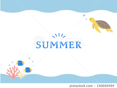 夏季橫幅插圖、海洋插圖、橫幅、夏季背景插圖、夏季生物插圖、海豚和海龜背部 140689494