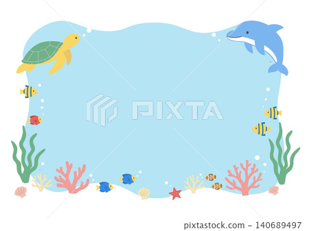 Summer banner illustration, ocean illustration, banner, summer background illustration, summer creature illustration, dolphin and sea turtle back Summer banner illustration, ocean illustration, banner, summer background illustration, summer creature illustration, dolphin and sea turtle back 140689497