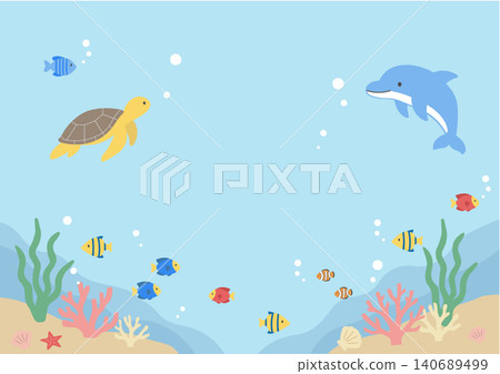 Summer banner illustration, ocean illustration, banner, summer background illustration, summer creature illustration, dolphin and sea turtle back Summer banner illustration, ocean illustration, banner, summer background illustration, summer creature illustration, dolphin and sea turtle back 140689499