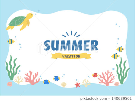 夏季橫幅插圖、海洋插圖、橫幅、夏季背景插圖、夏季生物插圖、海豚和海龜背部 140689501
