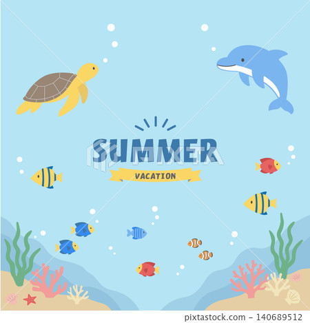 Summer banner illustration, ocean illustration, banner, summer background illustration, summer creature illustration, dolphin and sea turtle back Summer banner illustration, ocean illustration, banner, summer background illustration, summer creature illustration, dolphin and sea turtle back 140689512