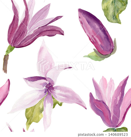 Pink magnolia flower with green leaf isolated on white background. Hand painted watercolor botanical illustration with soft petals and natural details for floral design, prints, stationery and decor Pink magnolia flower with green leaf isolated on white background. Hand painted watercolor botanical illustration with soft petals and natural details for floral design, prints, stationery and decor 140689523