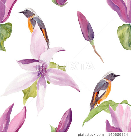 Seamless pattern featuring pink magnolia blossoms, buds, green leaves and small songbirds. Botanical watercolor repeat suitable for fabric, wallpaper, wrapping paper, home decor and surface design 140689524