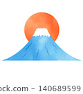An illustration of a red sun and a blue Mount Fuji. 140689599