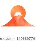 An illustration of an orange sunset and a red Mount Fuji. 140689779