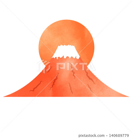 An illustration of an orange sunset and a red Mount Fuji. An illustration of an orange sunset and a red Mount Fuji. 140689779