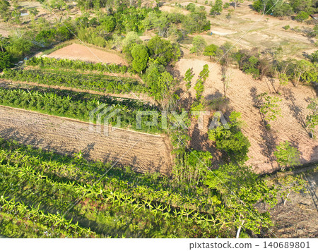 Sustainable mixed farming landscape with cultivated fields, agroforestry zones. Regenerative agriculture, biodiversity and food security. Carbon sequestration. Sustainable land use, climate resilience Sustainable mixed farming landscape with cultivated fields, agroforestry zones. Regenerative agriculture, biodiversity and food security. Carbon sequestration. Sustainable land use, climate resilience 140689801