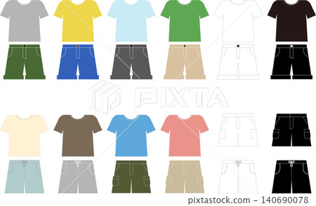 A set of illustrations of short-sleeved T-shirts and shorts to wear in spring and summer. A set of illustrations of short-sleeved T-shirts and shorts to wear in spring and summer. 140690078