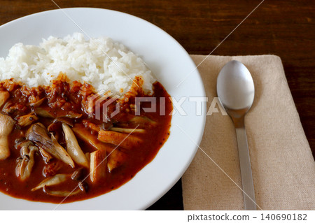 Mushroom curry rice as the background of the table Mushroom curry rice as the background of the table 140690182