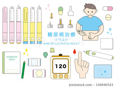 A set of simple and cute illustrated icons for diabetes treatment. A set of simple and cute illustrated icons for diabetes treatment. 140690583